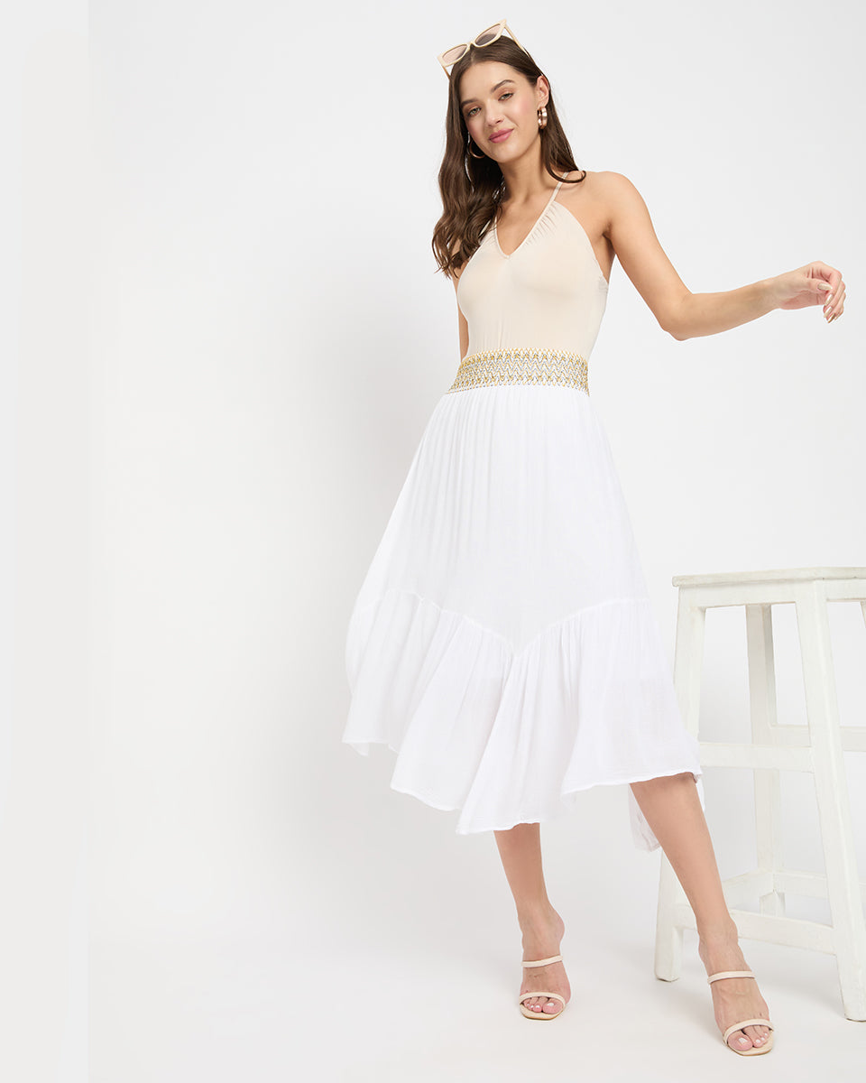 White Color Golden Waistband Rayon Gauze Poly Knit Skirt for Women