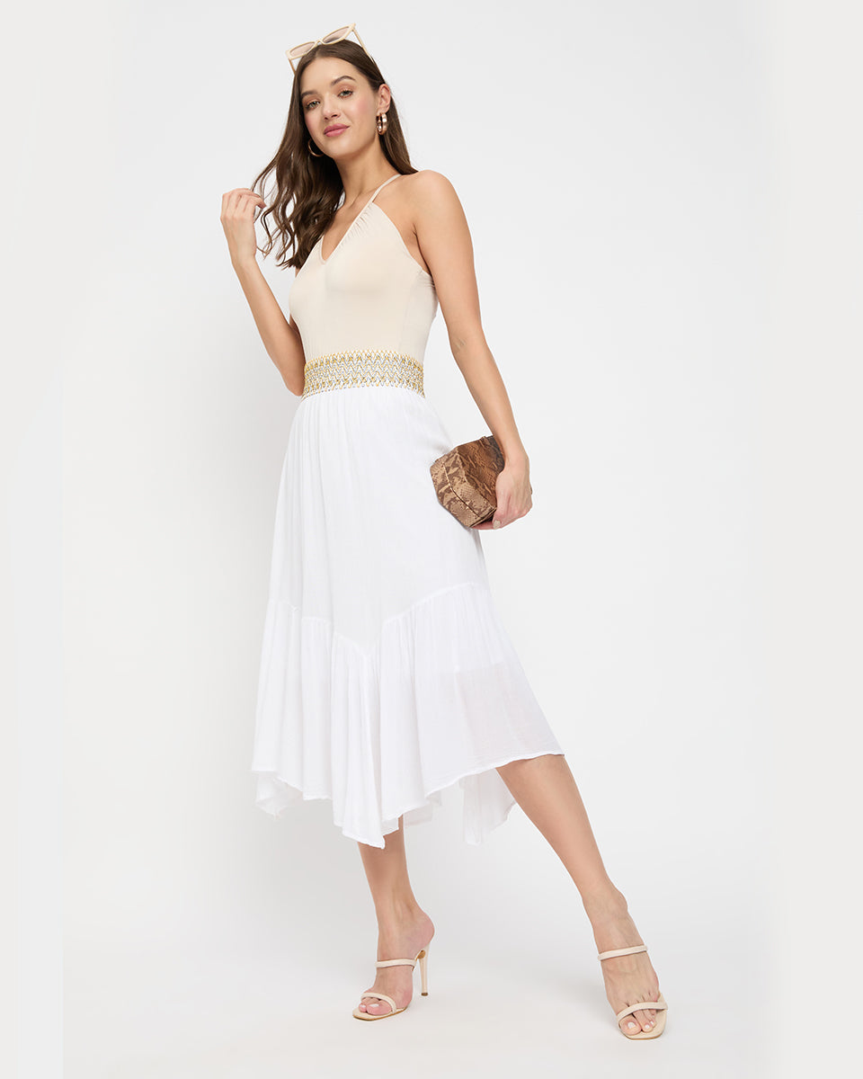 White Color Golden Waistband Rayon Gauze Poly Knit Skirt for Women