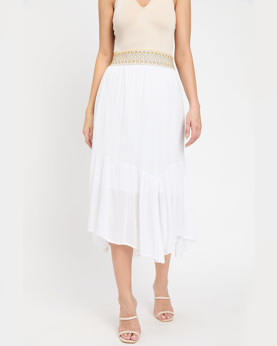 White Color Golden Waistband Rayon Gauze Poly Knit Skirt for Women