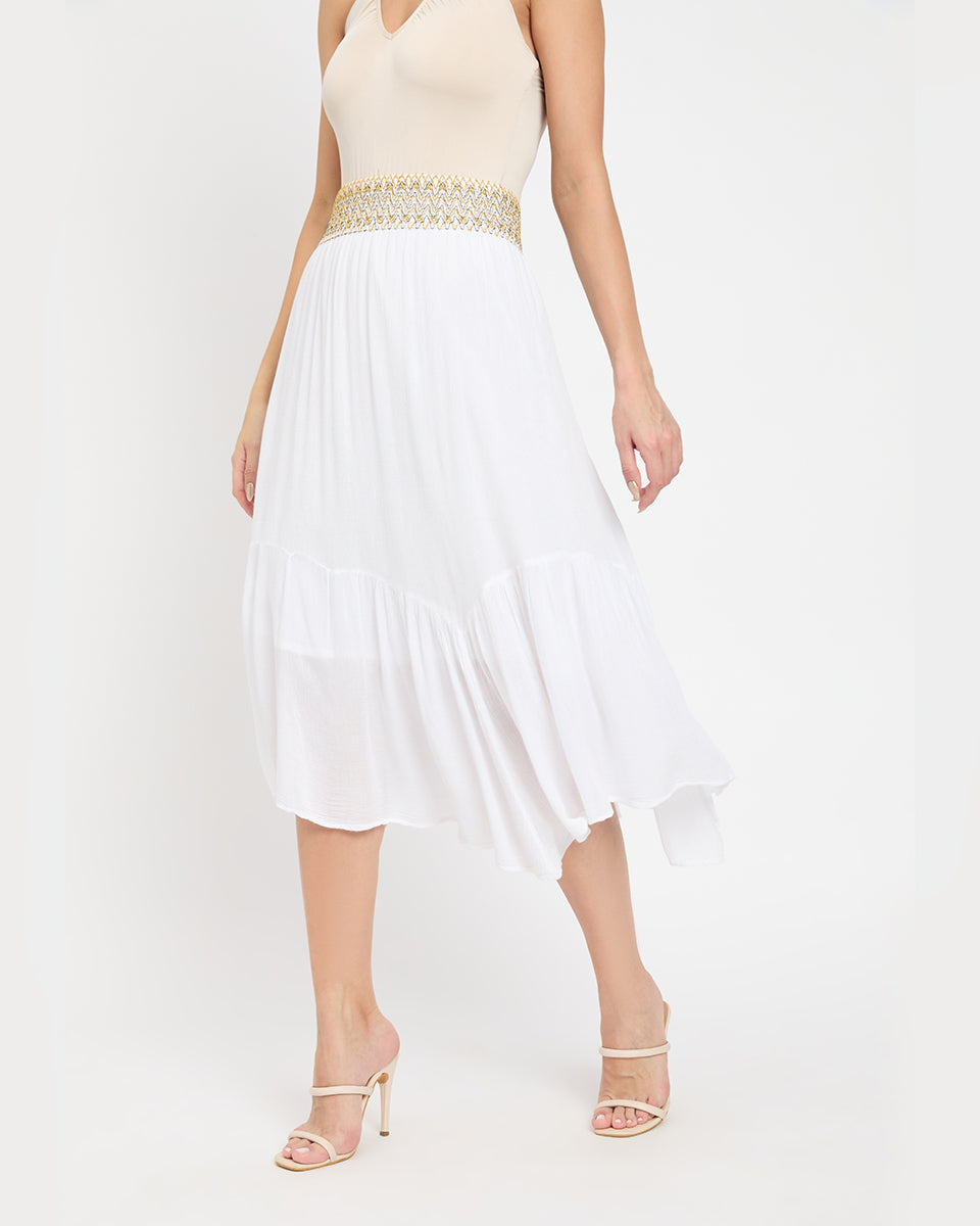 White Color Golden Waistband Rayon Gauze Poly Knit Skirt for Women