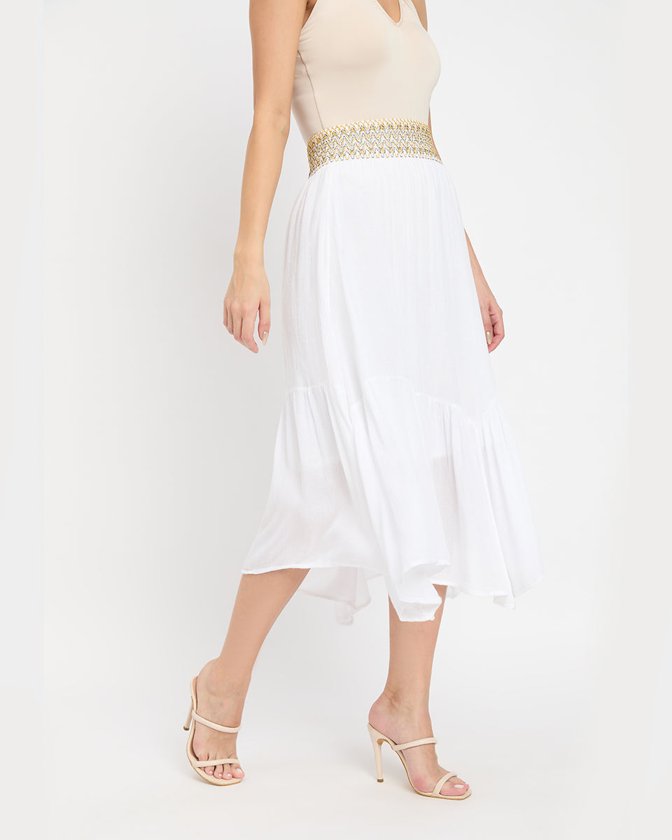 White Color Golden Waistband Rayon Gauze Poly Knit Skirt for Women
