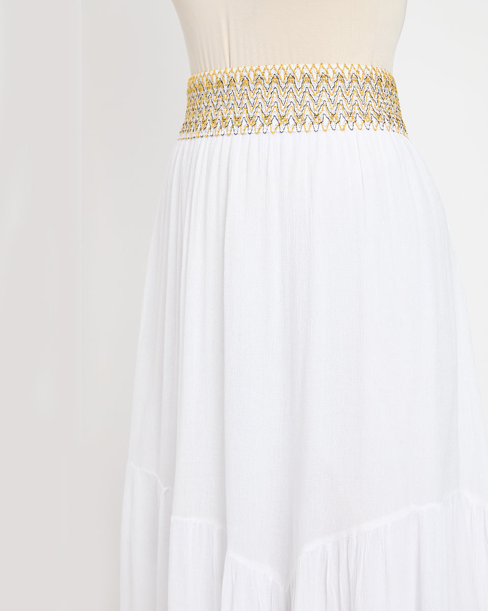 White Color Golden Waistband Rayon Gauze Poly Knit Skirt for Women