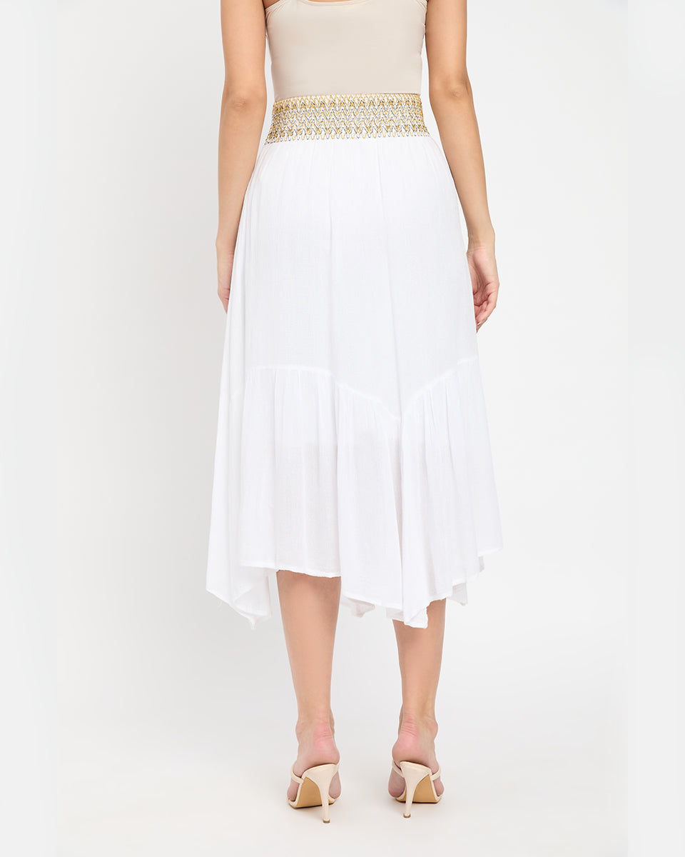 White Color Golden Waistband Rayon Gauze Poly Knit Skirt for Women