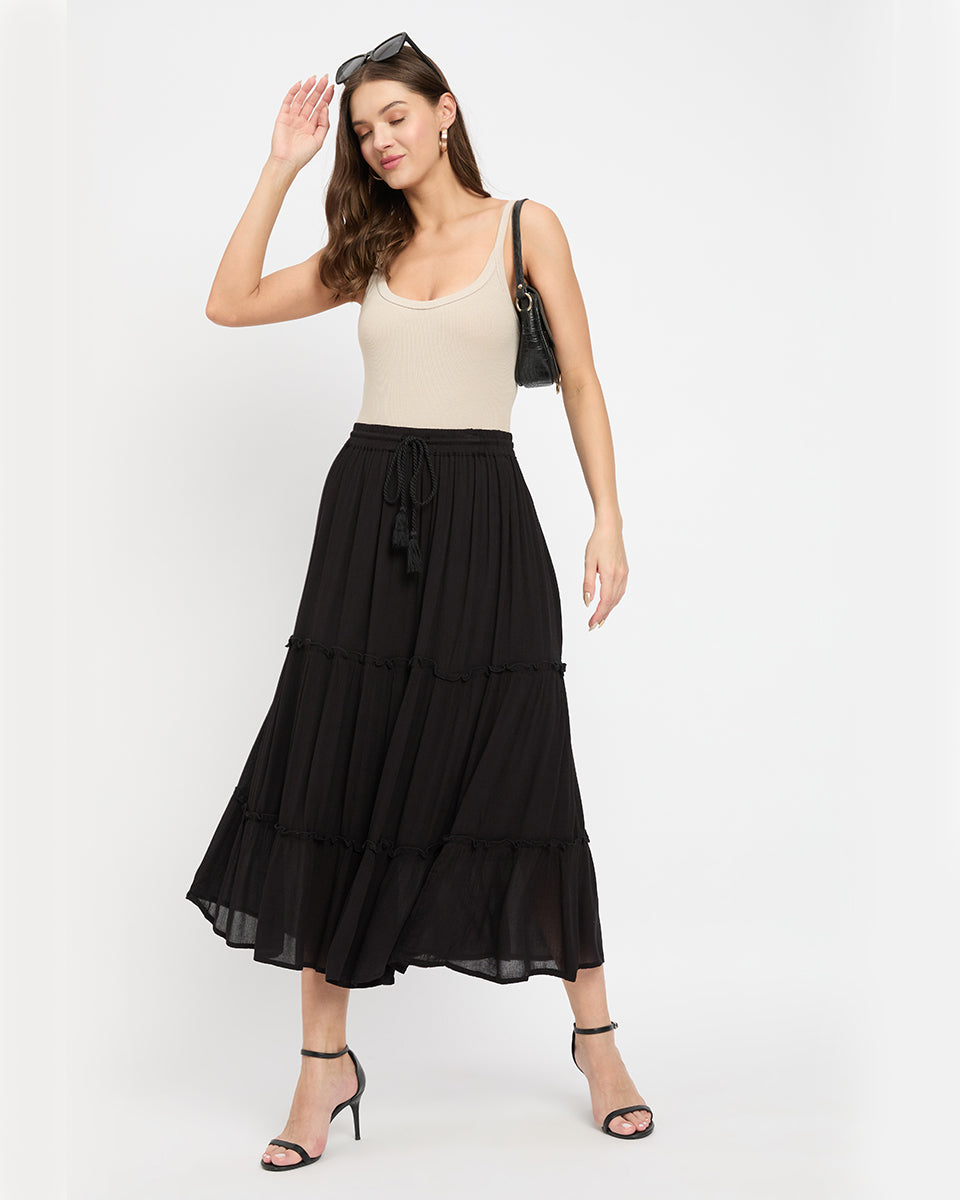 Black Rayon Gauze And Poly Knit Skirt For Women