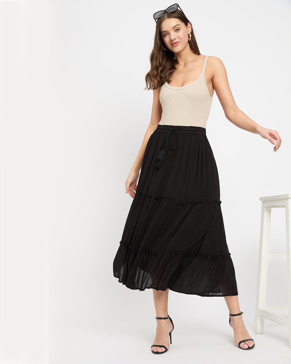 Black Rayon Gauze And Poly Knit Skirt For Women