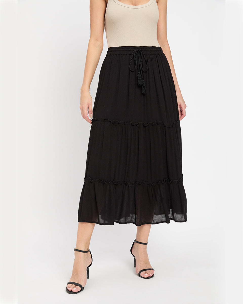 Black Rayon Gauze And Poly Knit Skirt For Women