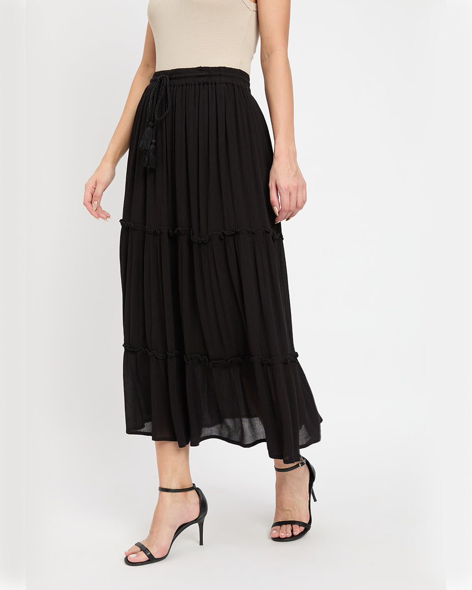 Black Rayon Gauze And Poly Knit Skirt For Women