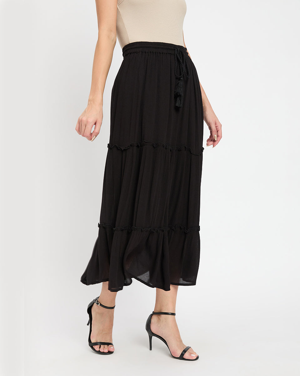 Black Rayon Gauze And Poly Knit Skirt For Women