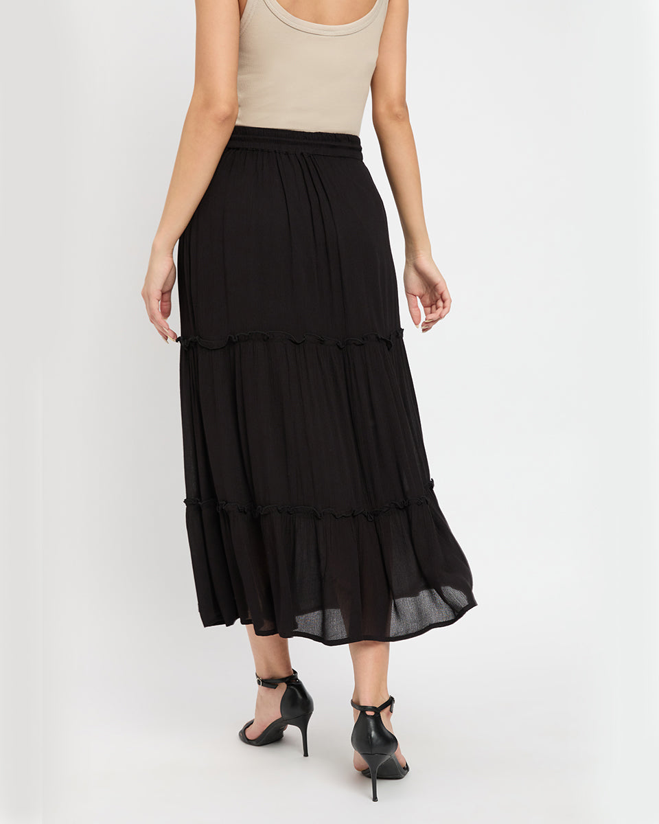 Black Rayon Gauze And Poly Knit Skirt For Women