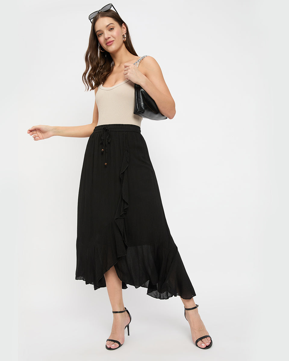 Solid Black Rayon Asymmetrical Hem Long Skirt For Women