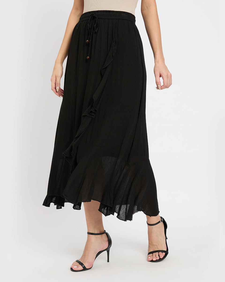 Solid Black Rayon Asymmetrical Hem Long Skirt For Women