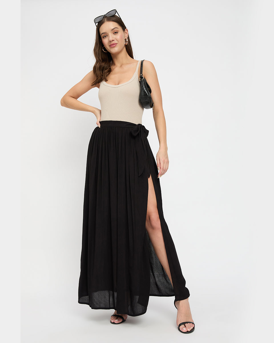 Black Side Slip Rayon Beach Sarong Skirt For Women