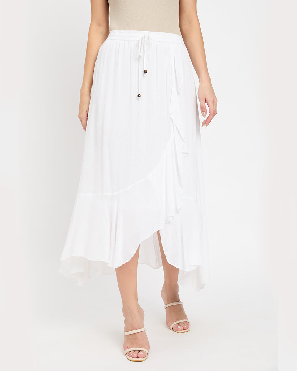 Rayon And Poly Knit White Asymmetrical Flared Long Skirt For Women