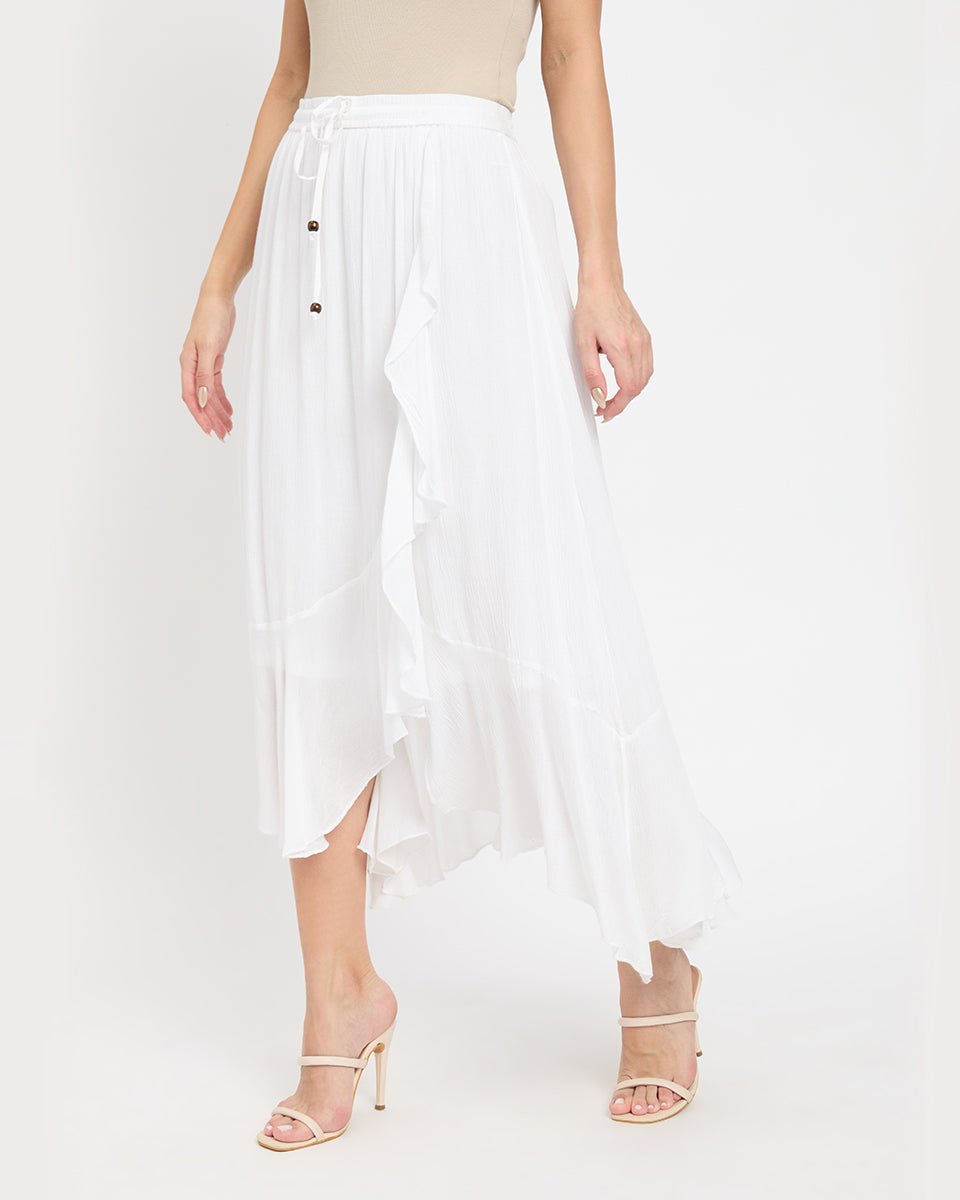 Rayon And Poly Knit White Asymmetrical Flared Long Skirt For Women