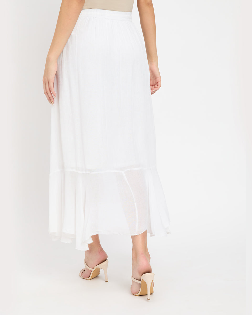 Rayon And Poly Knit White Asymmetrical Flared Long Skirt For Women