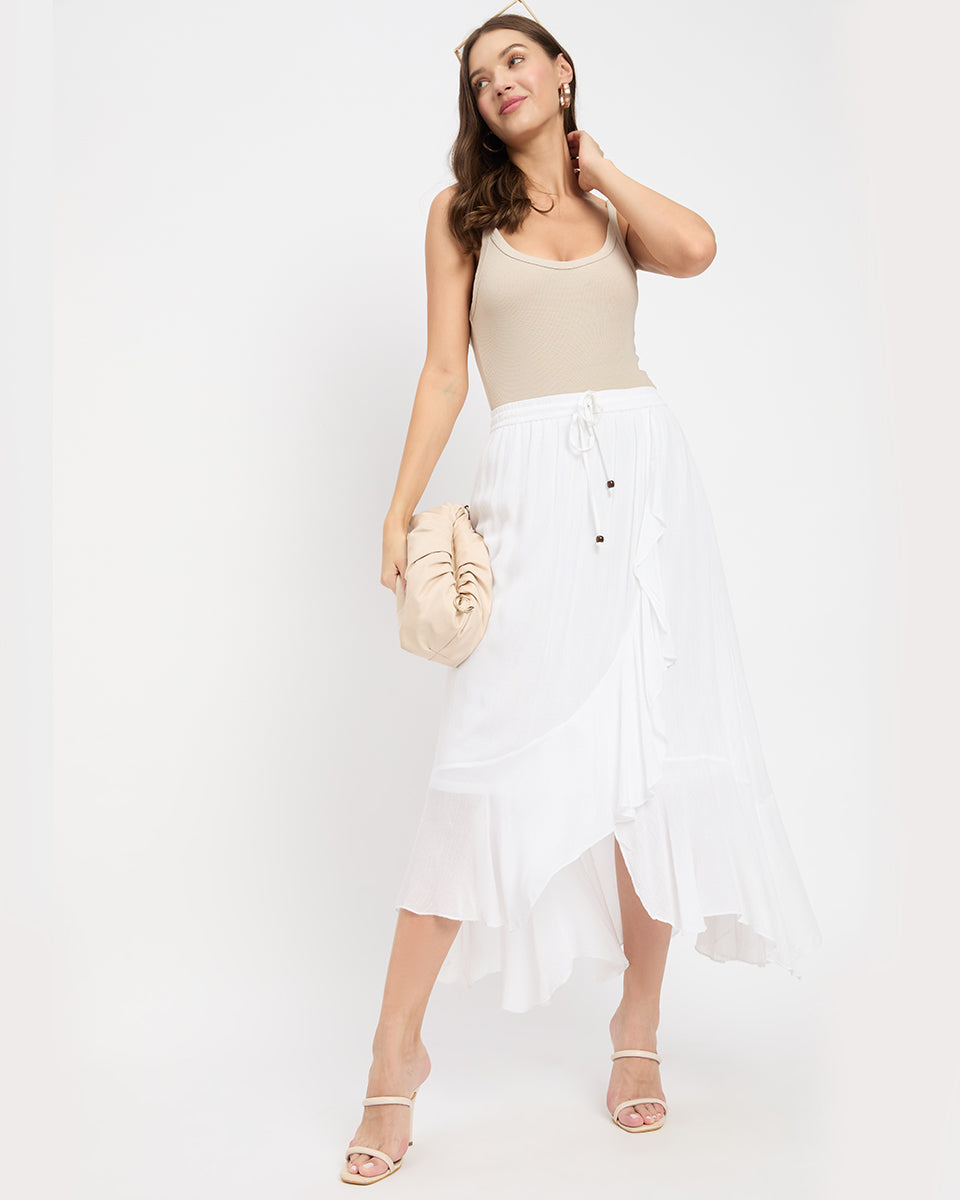 Rayon And Poly Knit White Asymmetrical Flared Long Skirt For Women