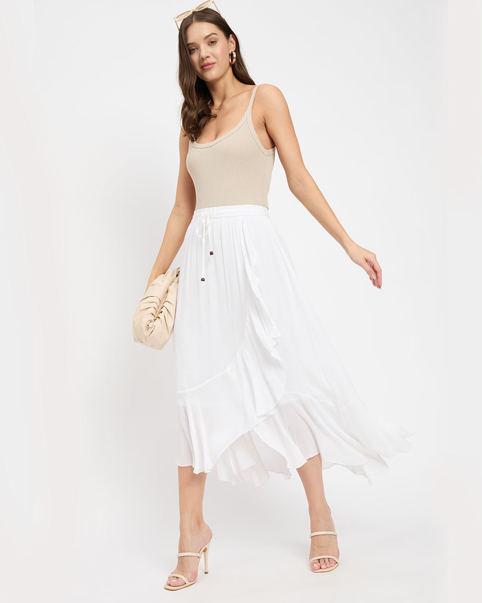 Rayon And Poly Knit White Asymmetrical Flared Long Skirt For Women