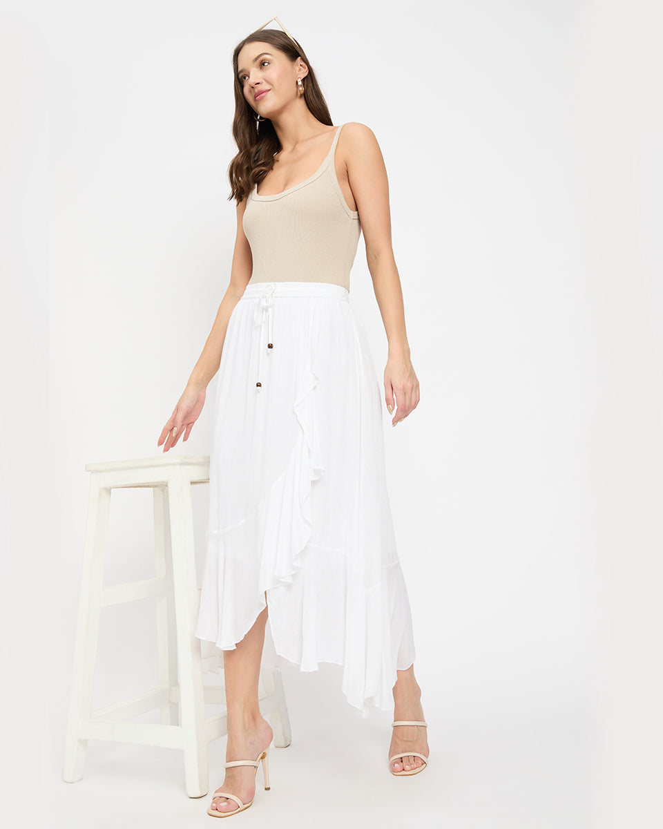 Rayon And Poly Knit White Asymmetrical Flared Long Skirt For Women
