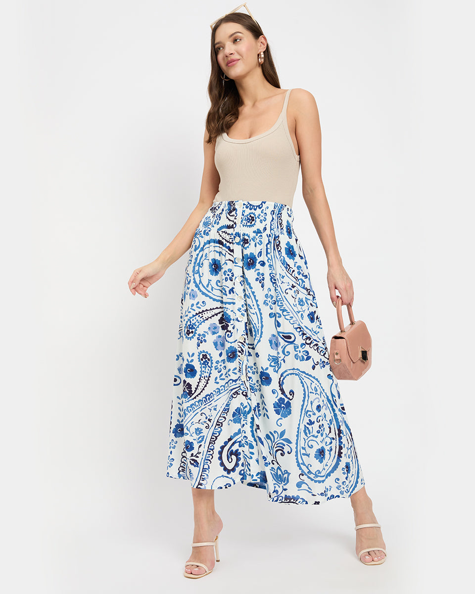 White And Blue Paisley Rayon Side Split Long Skirt For Women