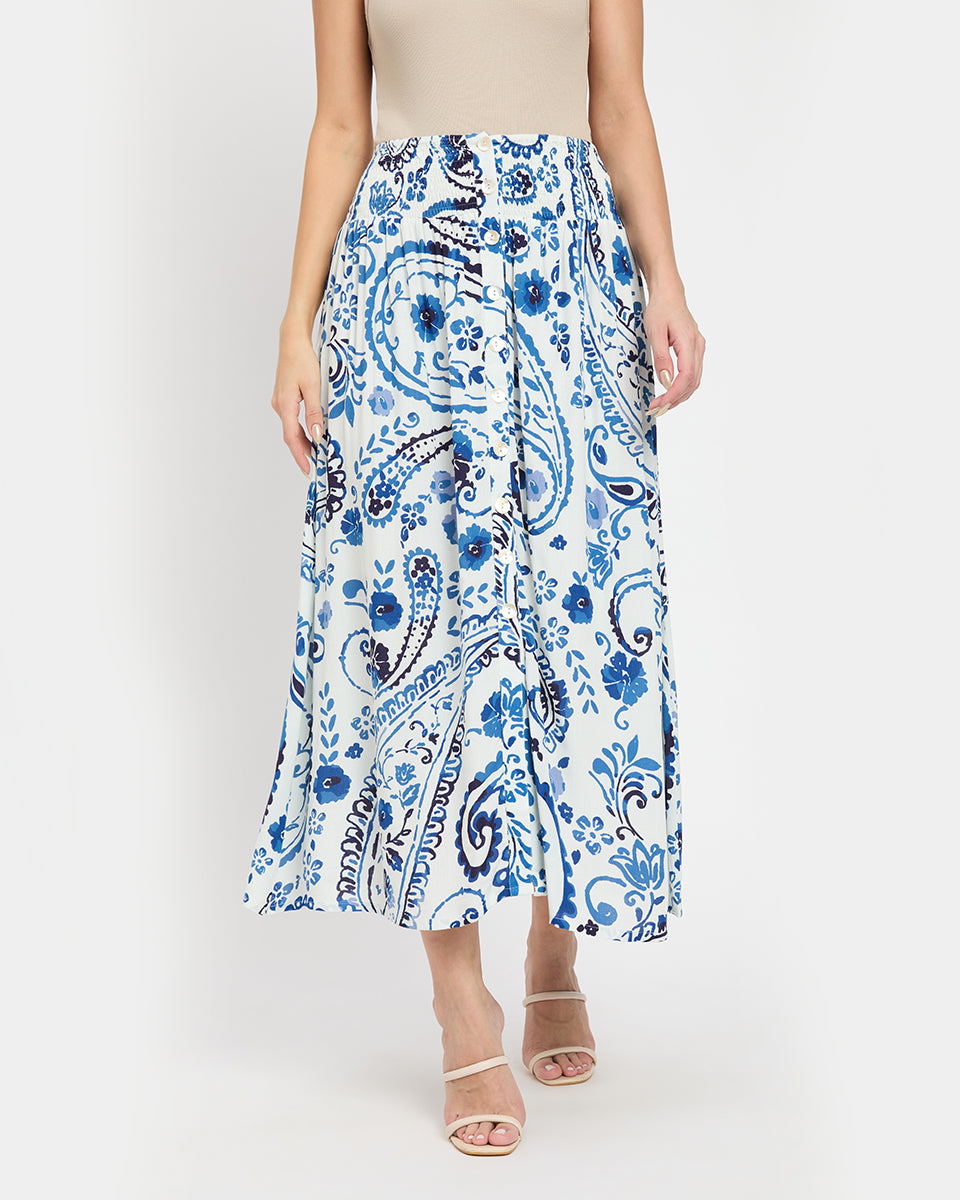 White And Blue Paisley Rayon Side Split Long Skirt For Women