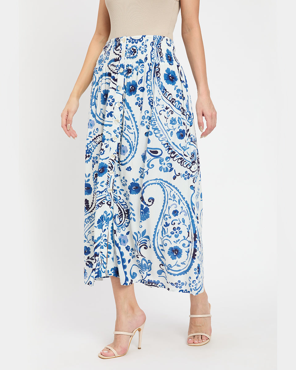 White And Blue Paisley Rayon Side Split Long Skirt For Women