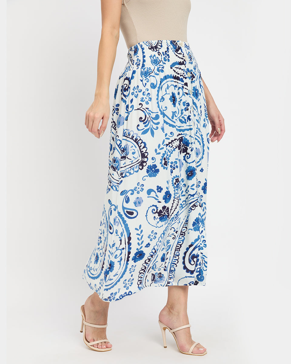 White And Blue Paisley Rayon Side Split Long Skirt For Women