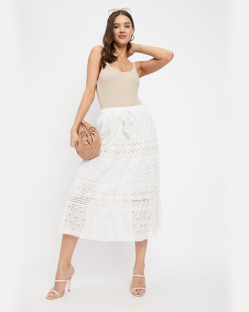 White Color Lace Midi Skirt For Women