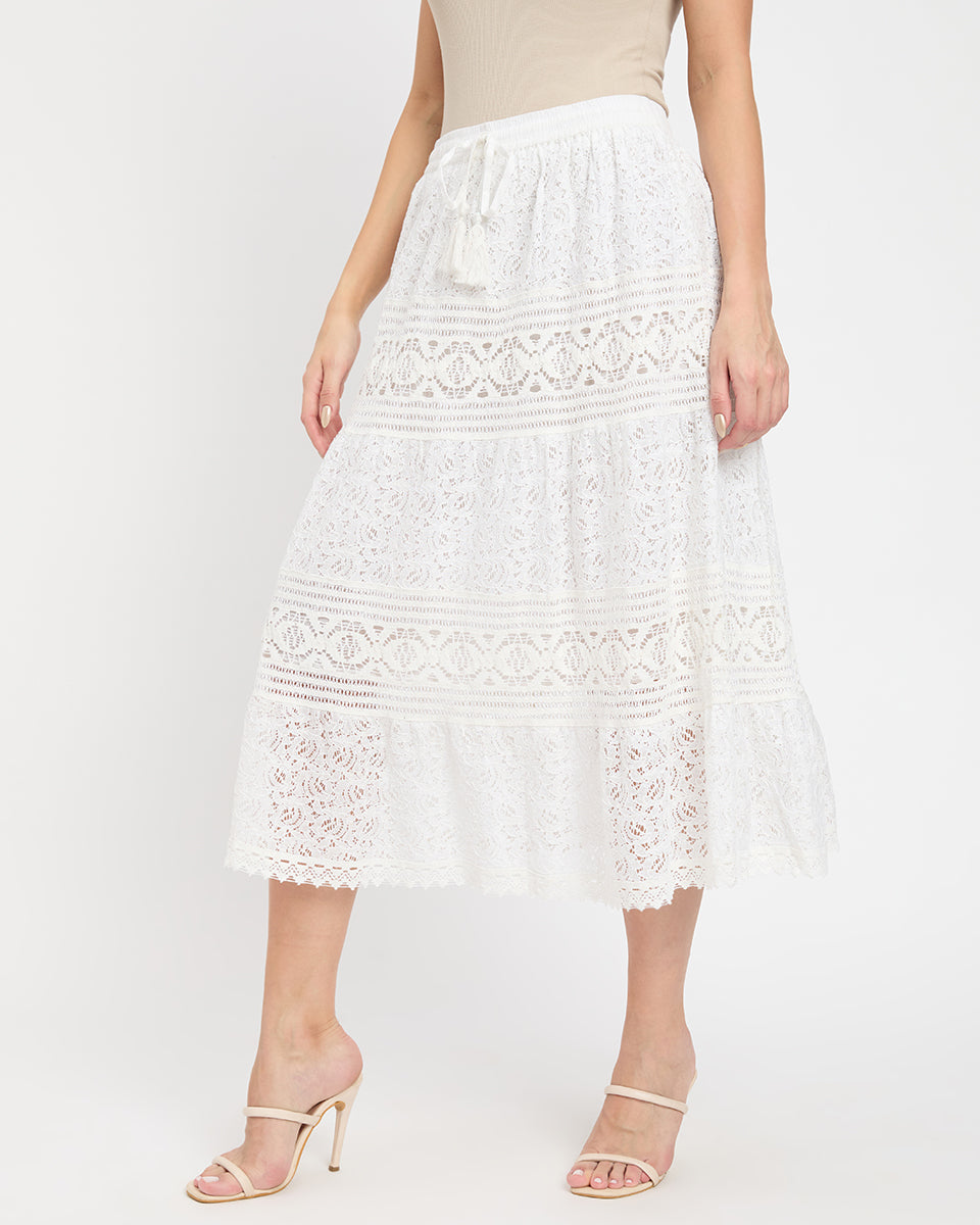 White Color Lace Midi Skirt For Women