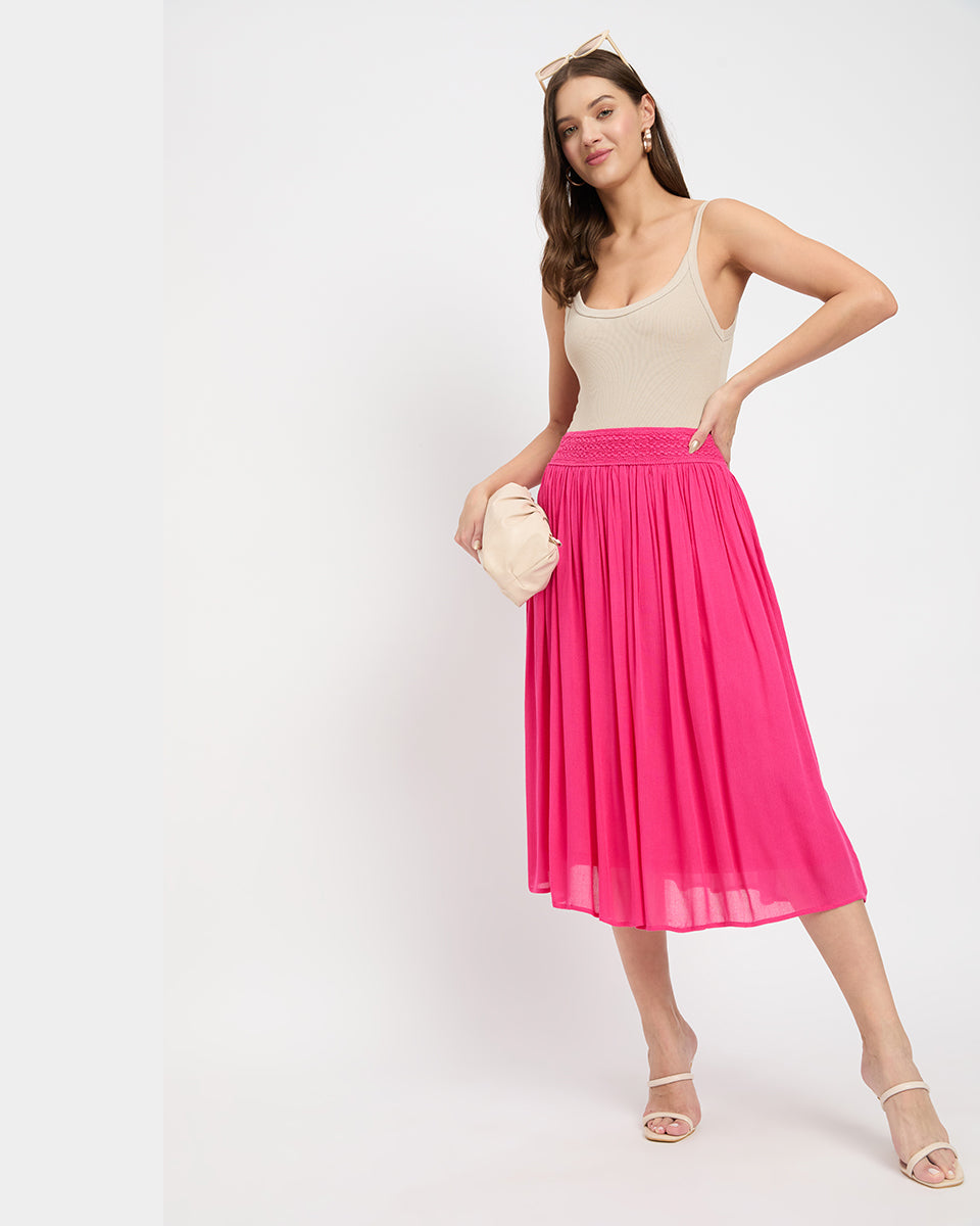 Fuchsia Rayon Gauze and Poly Knit Midi Skirt for Women