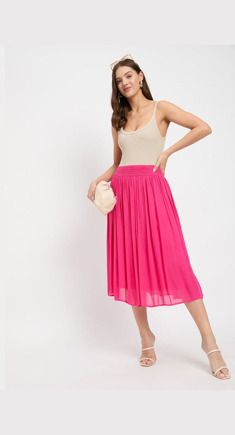 Fuchsia Rayon Gauze and Poly Knit Midi Skirt for Women - S M L XL - SKU BA203 S - Gypsie Blu