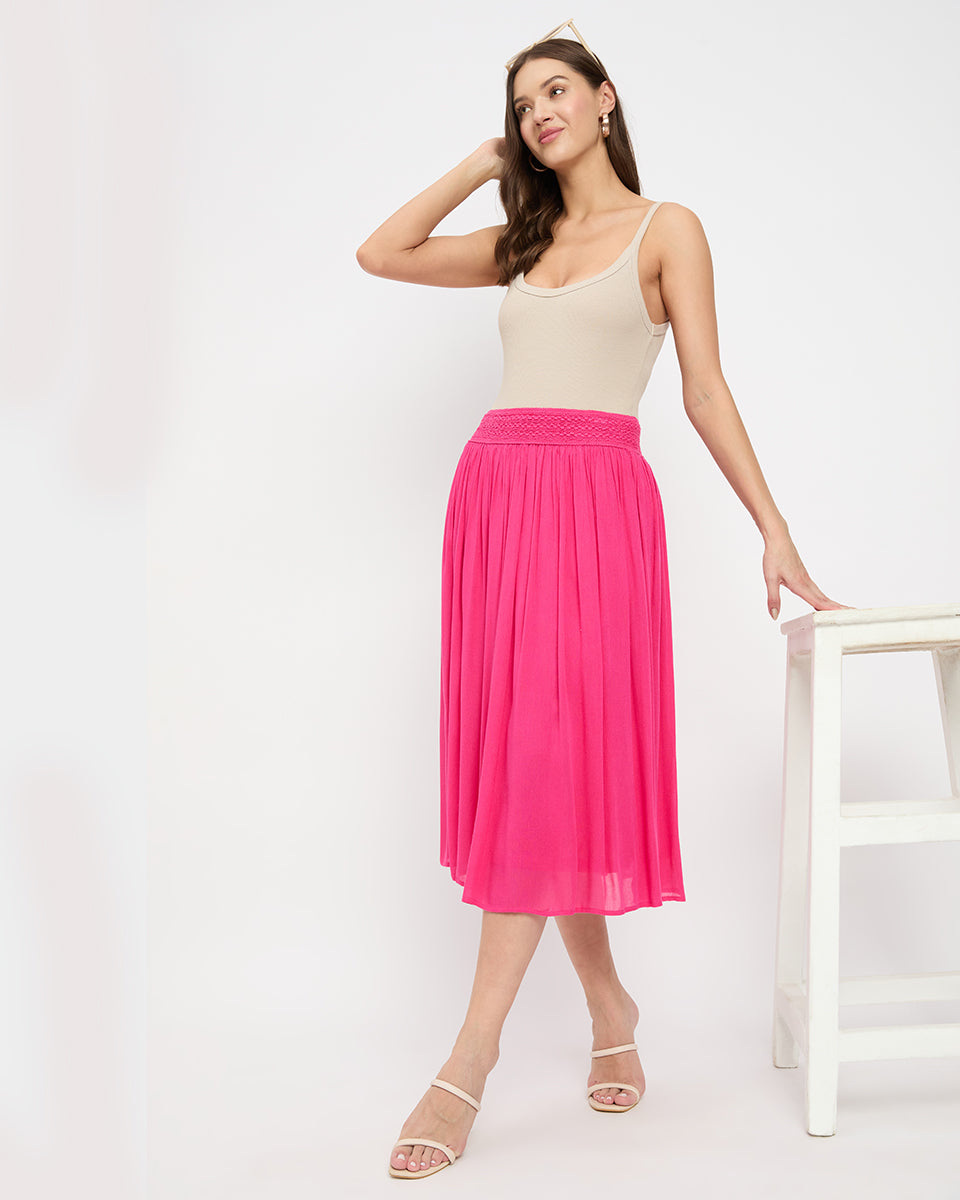 Fuchsia Rayon Gauze and Poly Knit Midi Skirt for Women