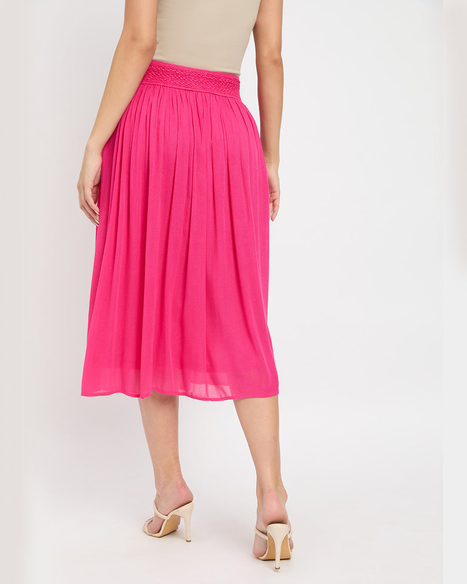 Fuchsia Rayon Gauze and Poly Knit Midi Skirt for Women