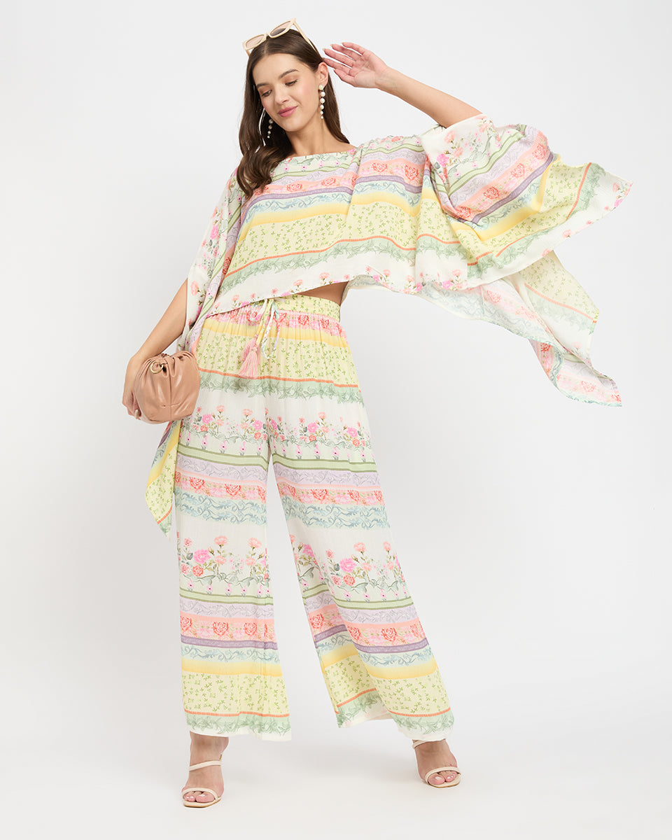 White Floral Printed Rayon Crepe Cord Set For Women