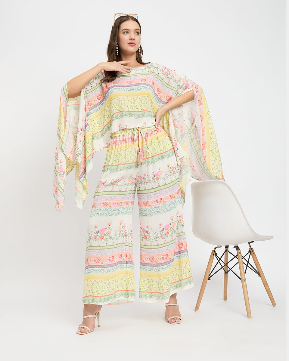 White Floral Printed Rayon Crepe Cord Set For Women
