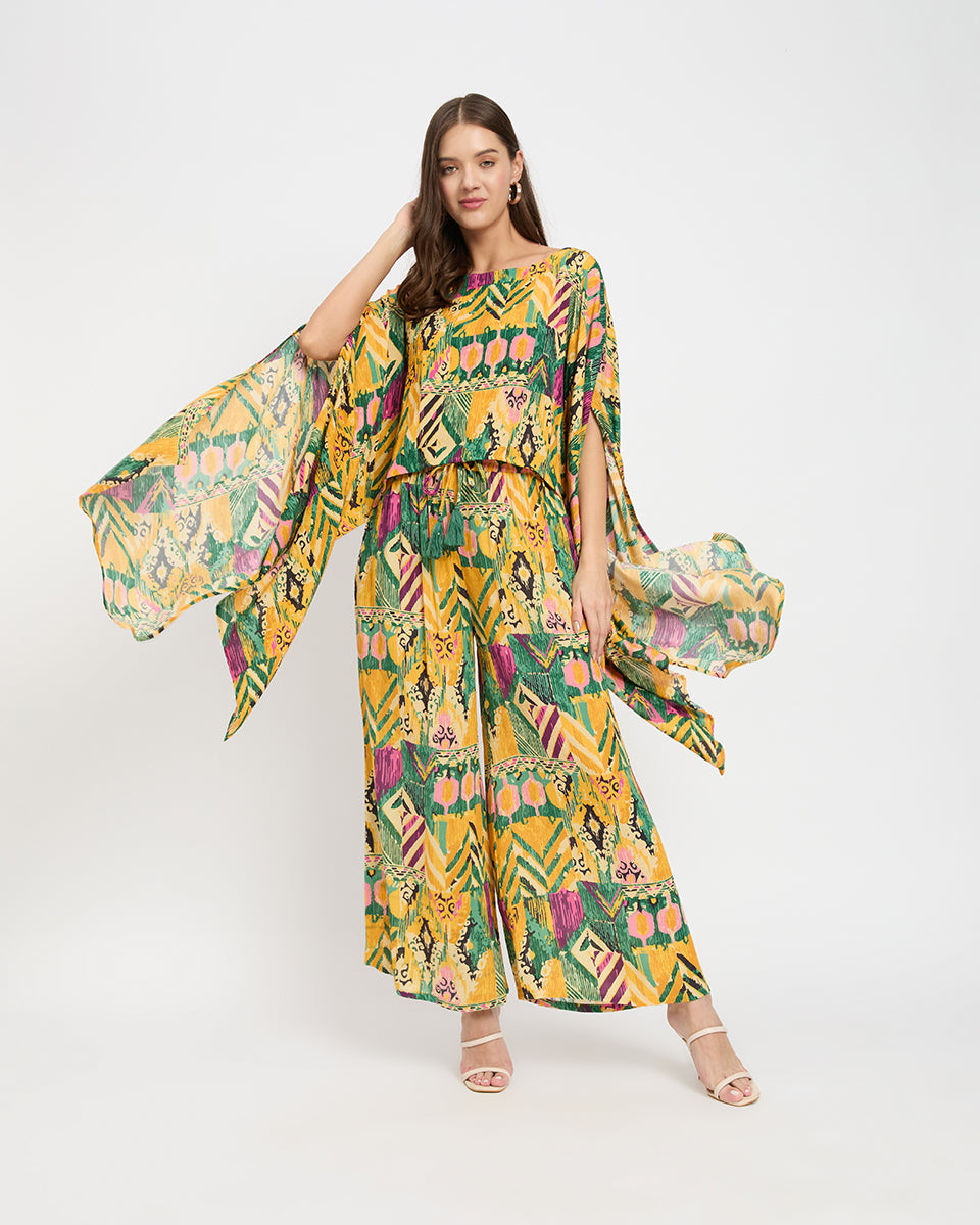 Yellow And Green Abstract Print Rayon Crepe Cord Set For Women