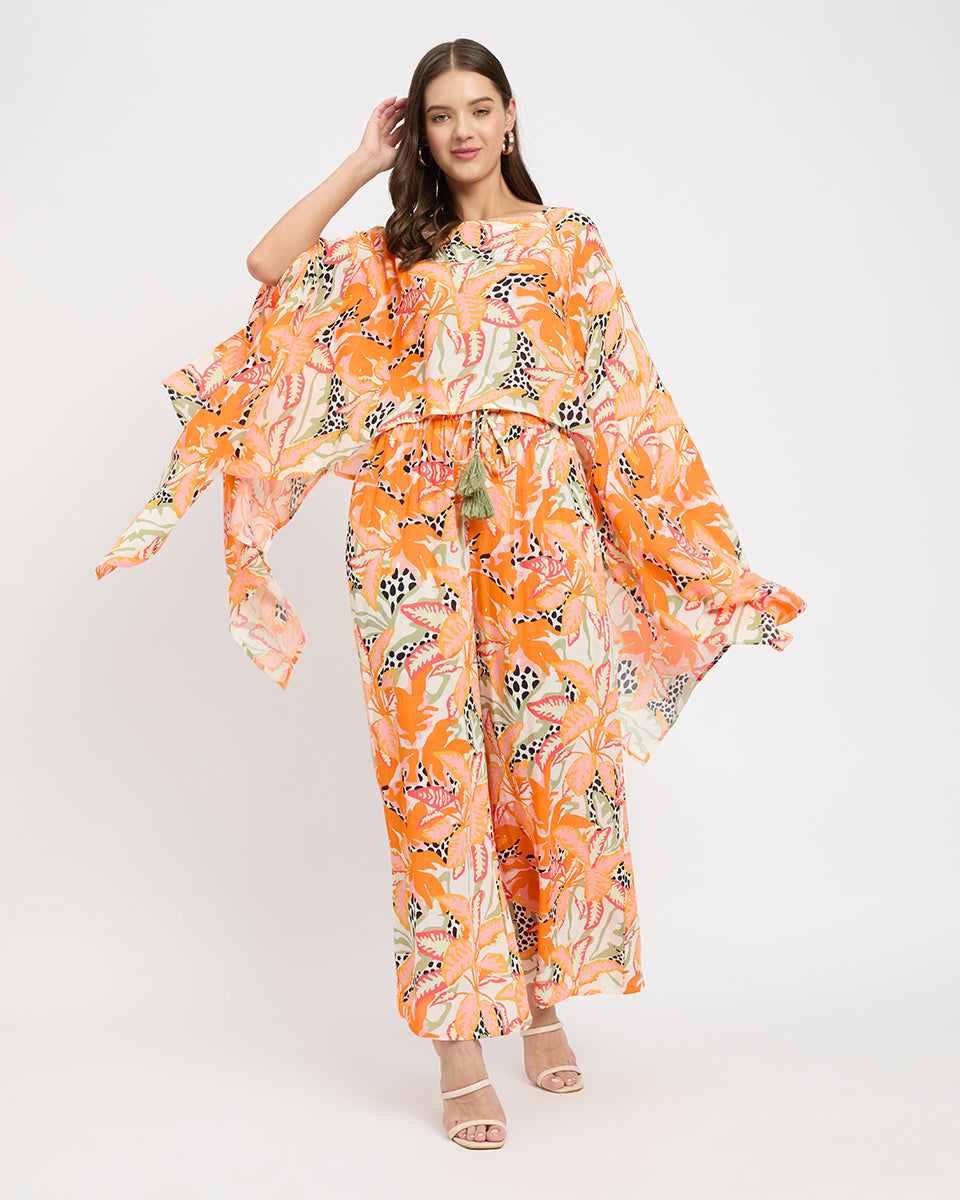 Orange Tropical Printed Dazzling Cord Set For Women