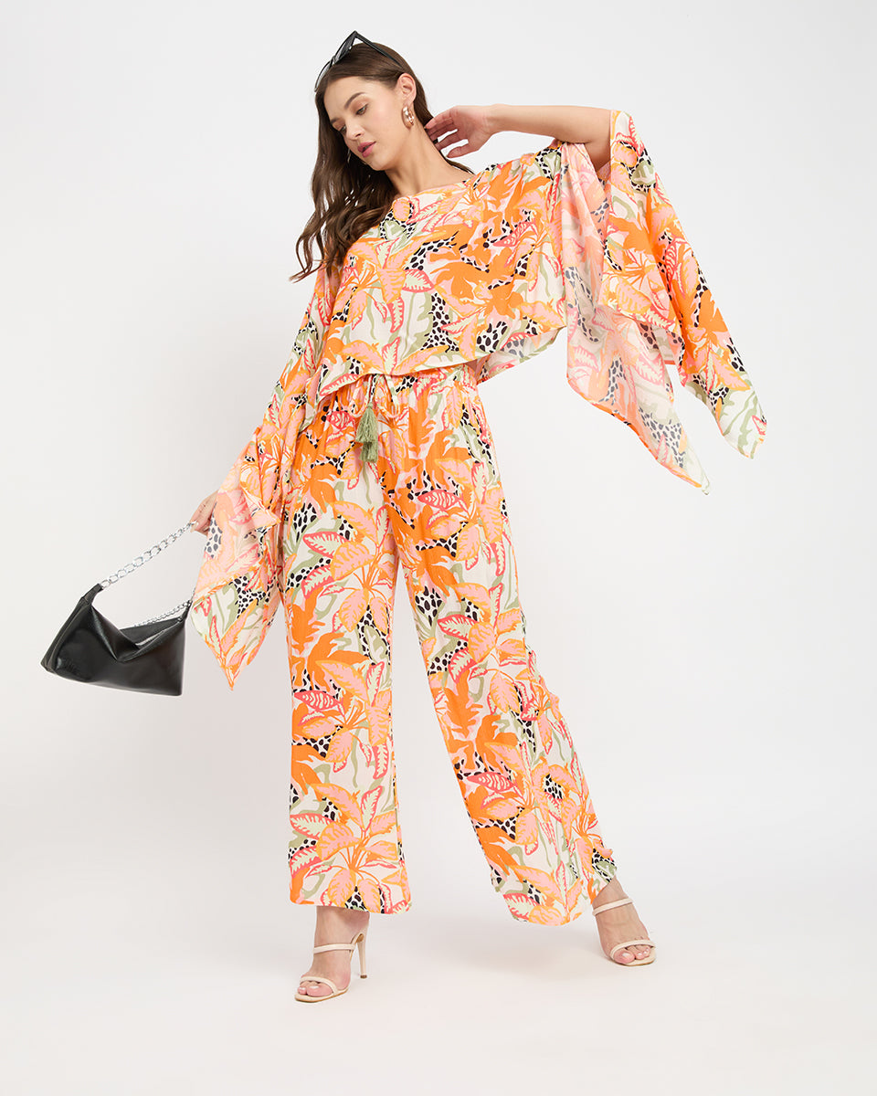Orange Tropical Printed Dazzling Cord Set For Women