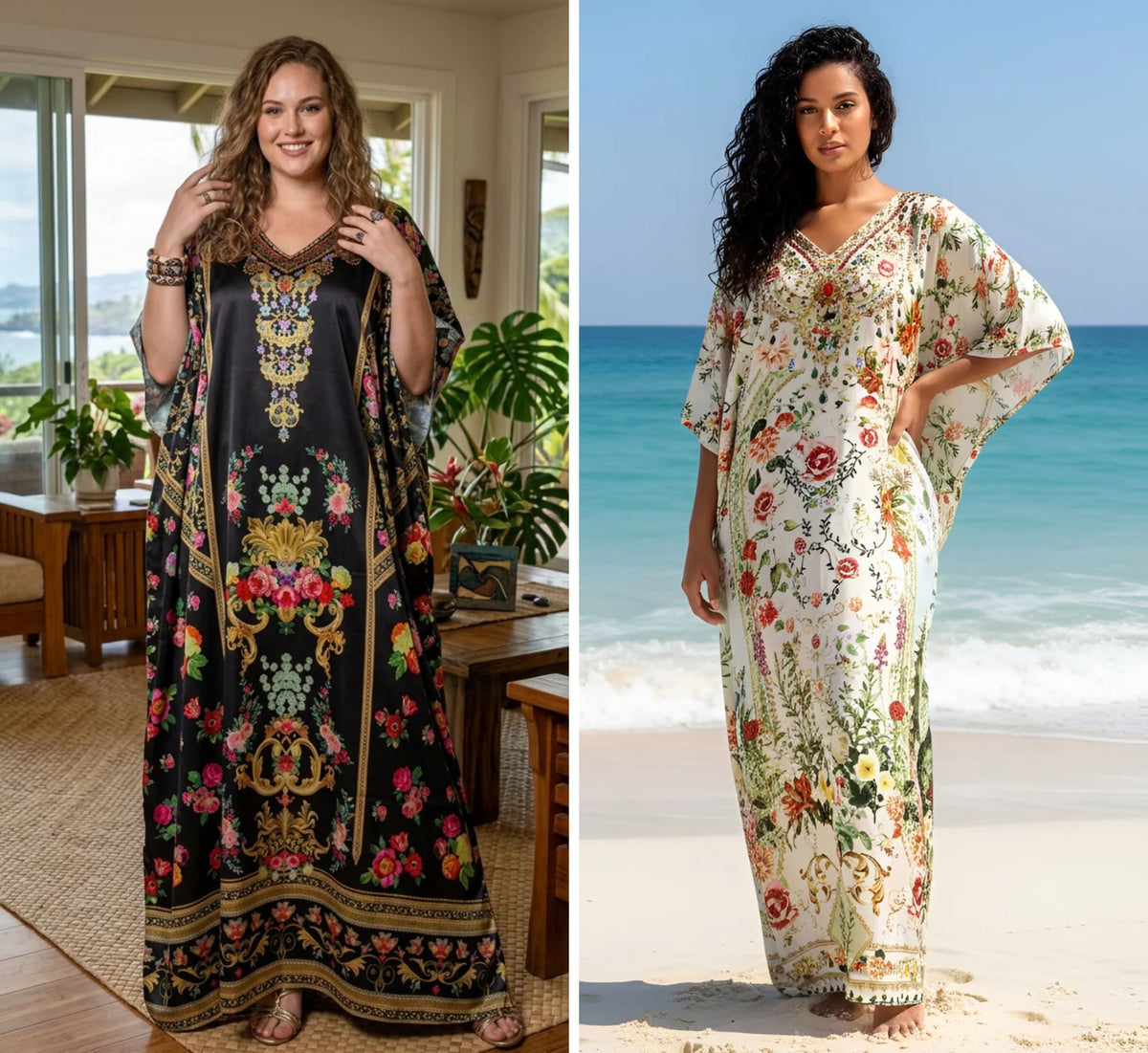 Black and white kaftan - Black Amber Floral & Off White Wildflower Satin Plus Size 2-Piece Kaftan Set for Women 1X-3X - both kaftans side by side - Gypsie Blu