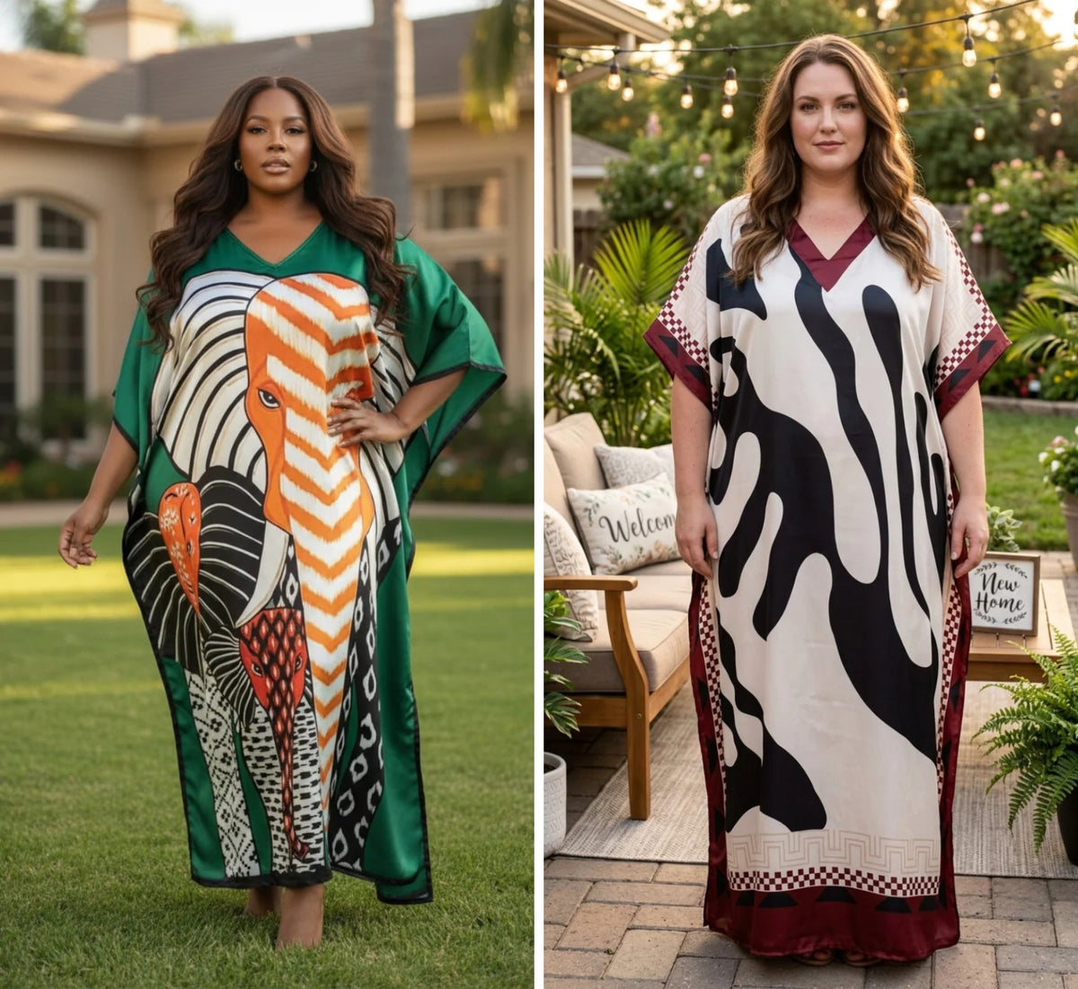 Pine Green Animal & Cream Abstract Satin Plus Size 2-Piece Kaftan Set for Women 1X-3X - both kaftans side by side - Gypsie Blu