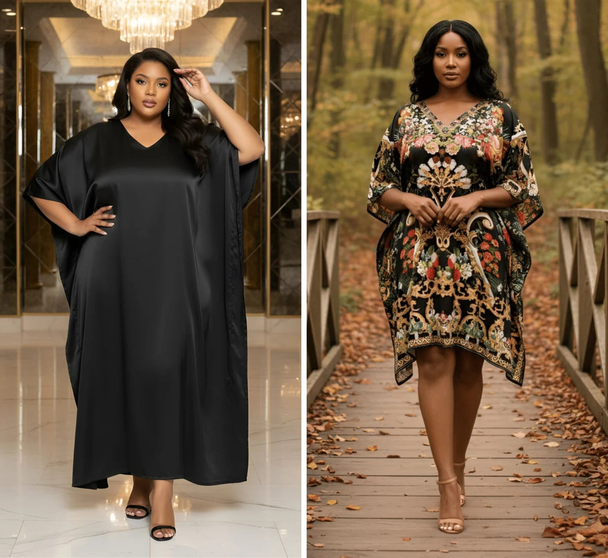 Black Satin Kaftan & Black Ornate Floral Satin Tunic Plus Size 2-Piece Kaftan Set for Women 1X-3X - both kaftans side by side - Gypsie Blu
