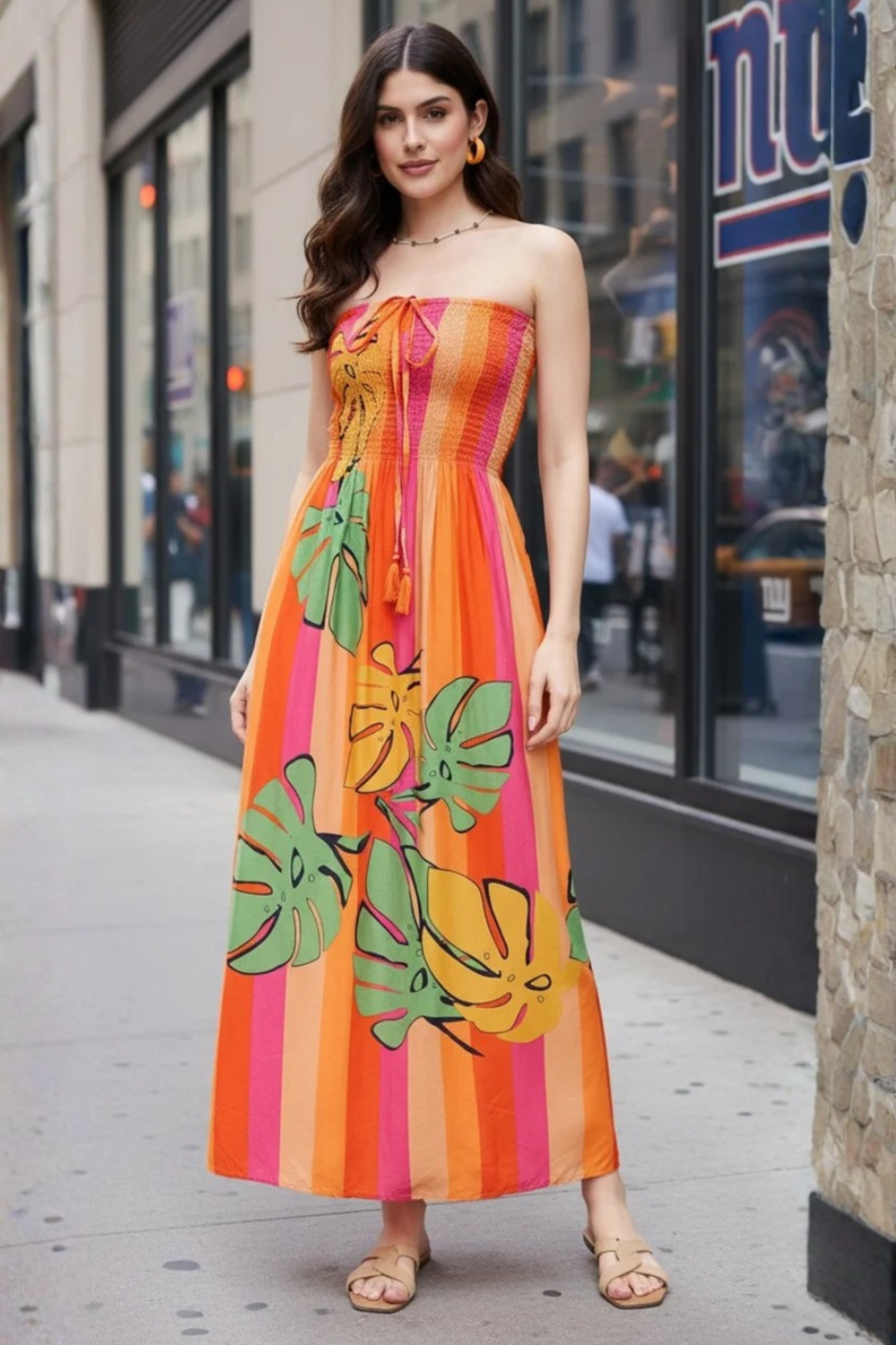 Multicolor striped strapless tube dress with tropical leaf print, full length
