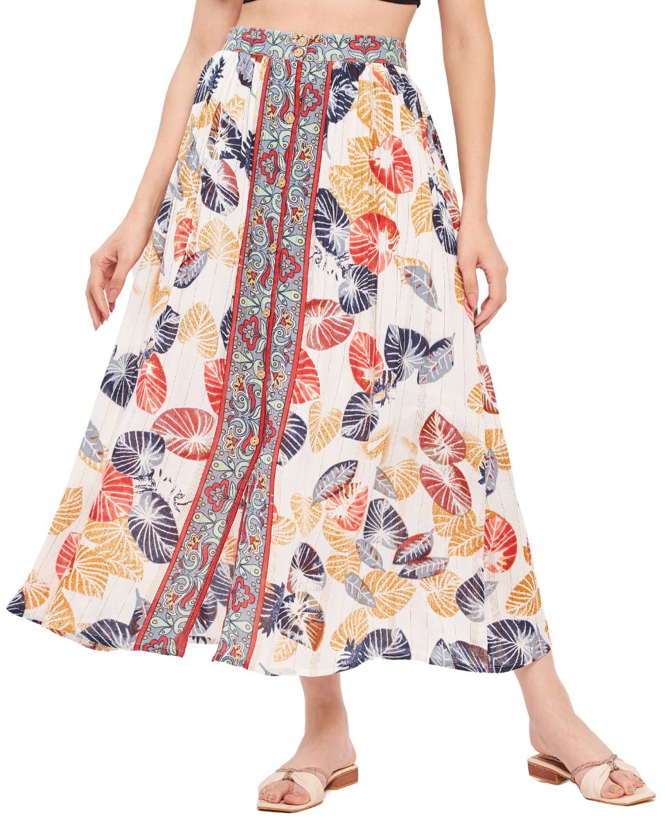 Leaf Printed White And Rust Rayon Crepe Skirt For Women