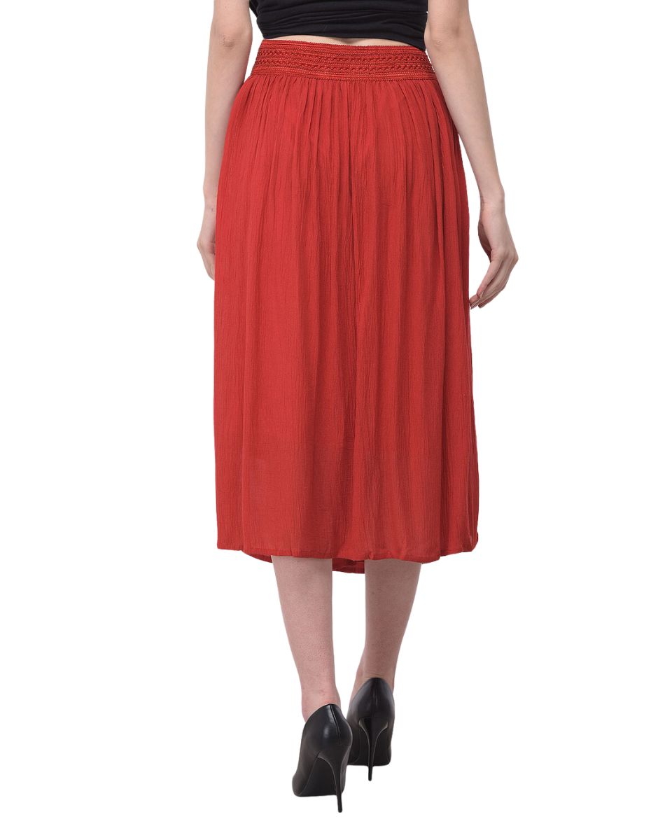 Pleated Rayon Elastic Waist Red Casual Midi Skirt For Women