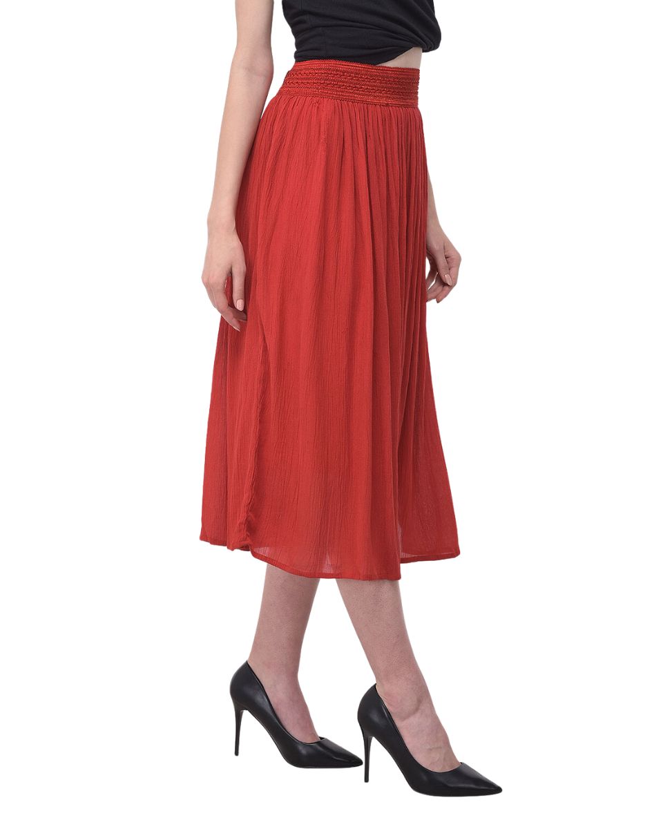 Pleated Rayon Elastic Waist Red Casual Midi Skirt For Women