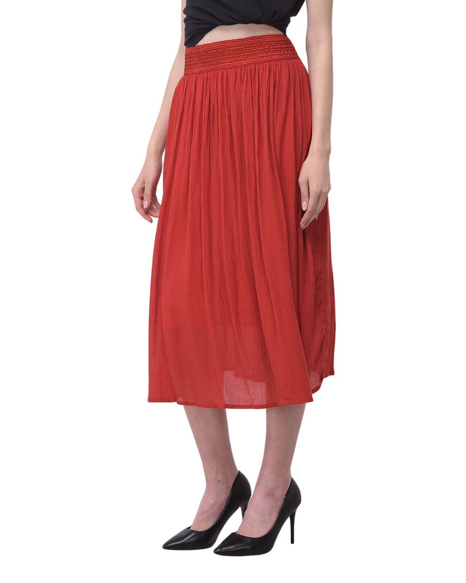 Pleated Rayon Elastic Waist Red Casual Midi Skirt For Women