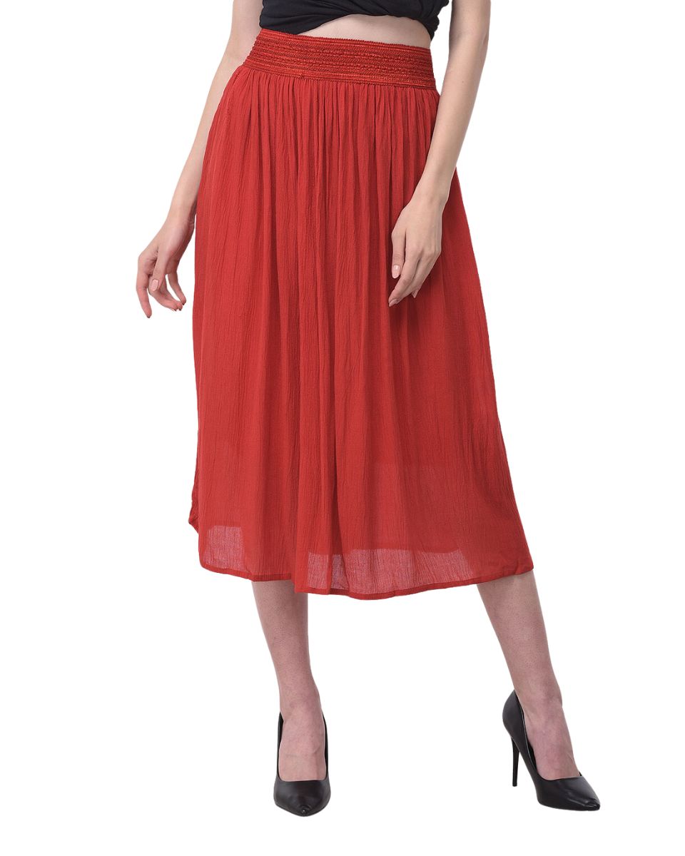 Pleated Rayon Elastic Waist Red Casual Midi Skirt For Women