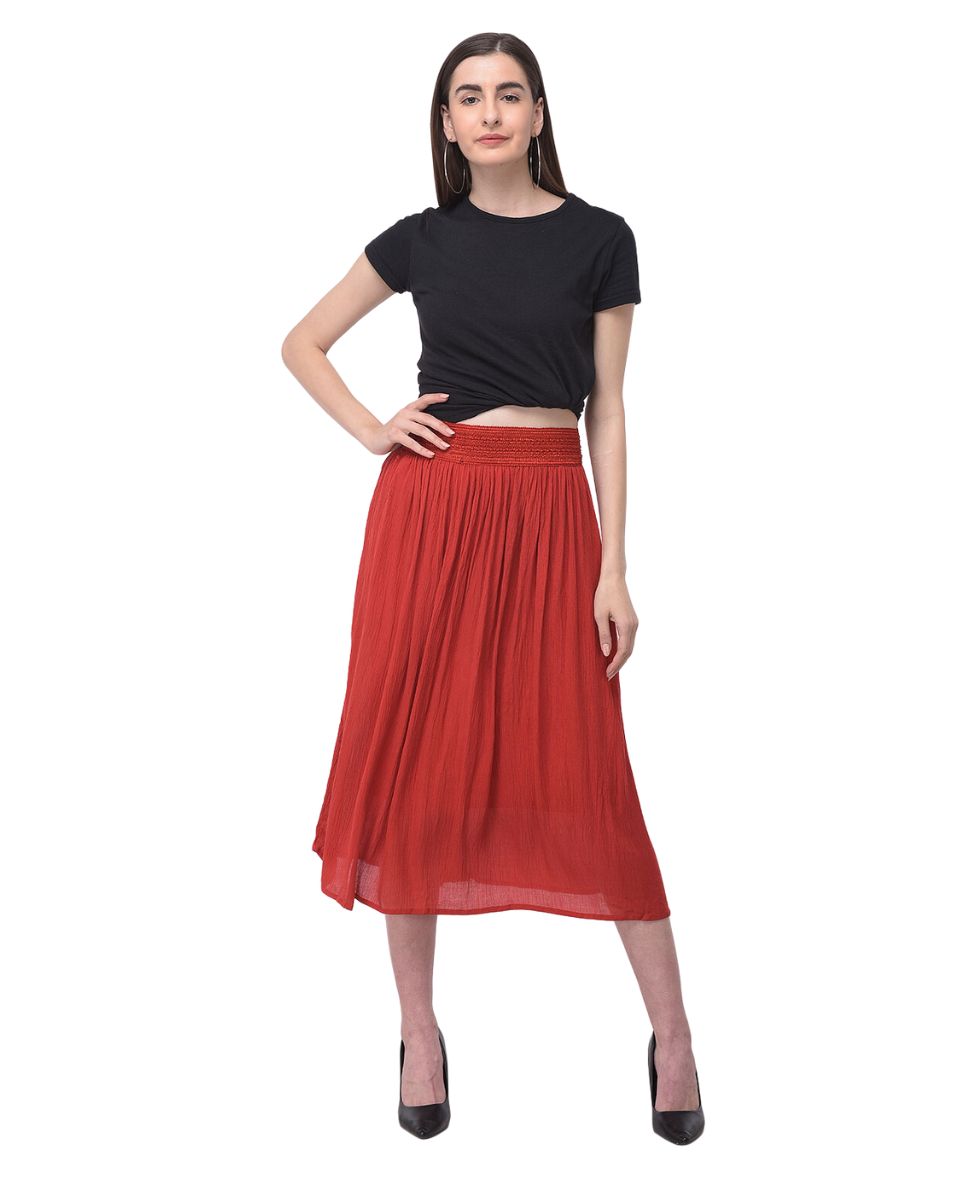Pleated Rayon Elastic Waist Red Casual Midi Skirt For Women