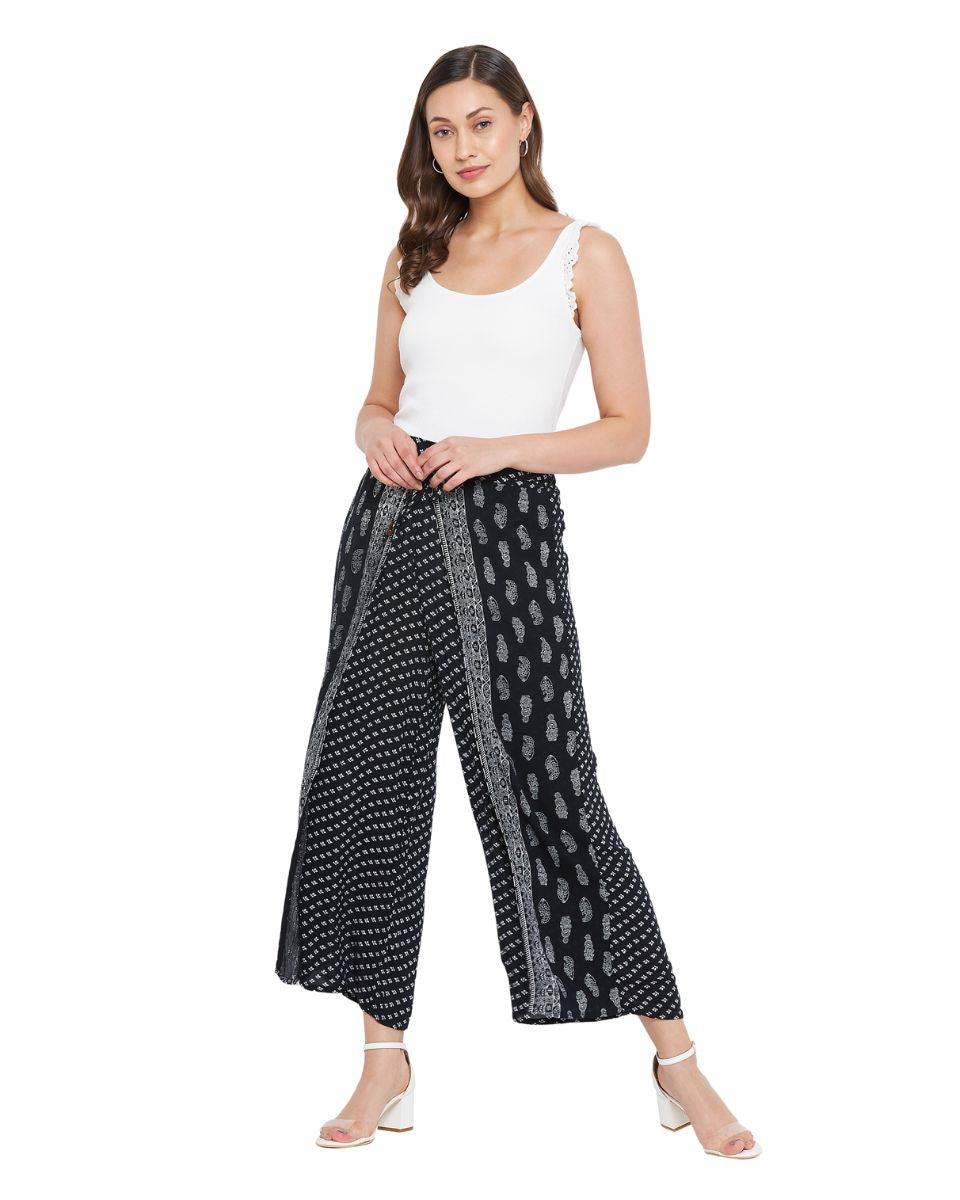 Floral Printed Black Rayon Crepe Bottom Pants For Women