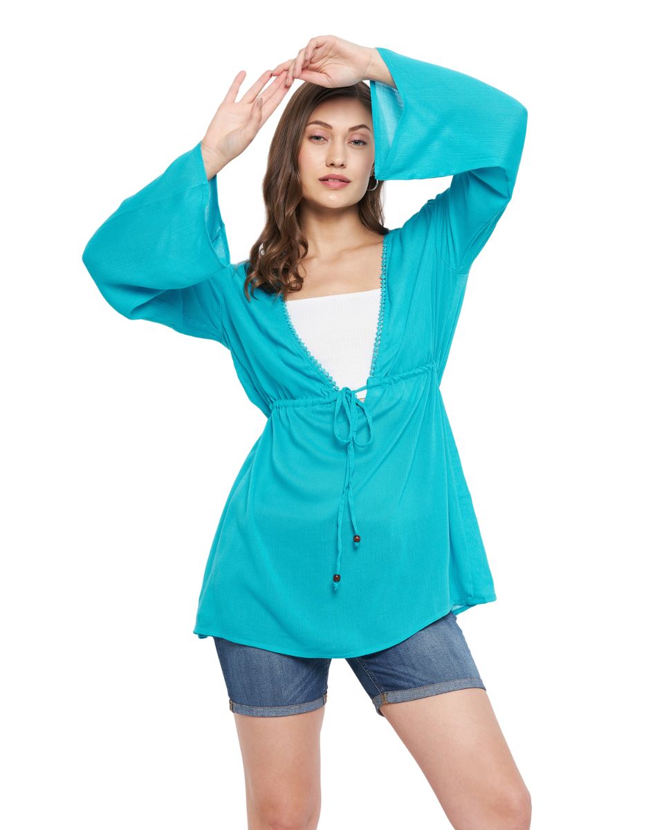 Rayon Solid Turquoise Crepe Cover Ups For Women