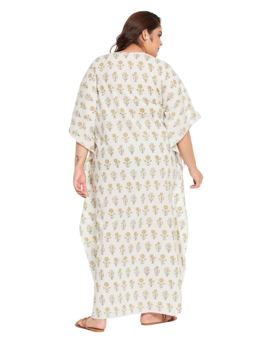 Floral WHITE Cotton Matted Neckline Kaftan For Plus Size Women